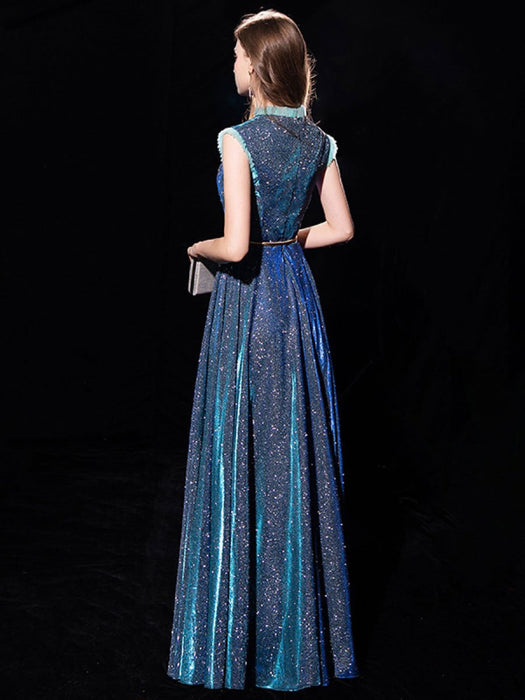 Blue Evening Dress Ball Gown Jewel Neck Sequined Floor-Length Sash Formal Party Dresses