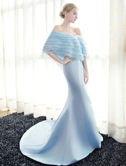 Blue Evening Dresses Off Shoulder Mermaid Evening Gown Pleated Satin Formal Dress With Train wedding guest dress