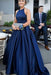 Blue Halter Satin Sleeveless Prom Dress A Line Simple Long Formal Dresses - Prom Dresses