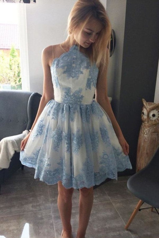Blue Lace Appliqued Mini Homecoming A Line Sleeveless Tulle Short Prom Dress - Prom Dresses