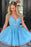 Blue Lace Beaded Sash A Line Sleeveless Tulle Short Homecoming Dresses - Prom Dresses