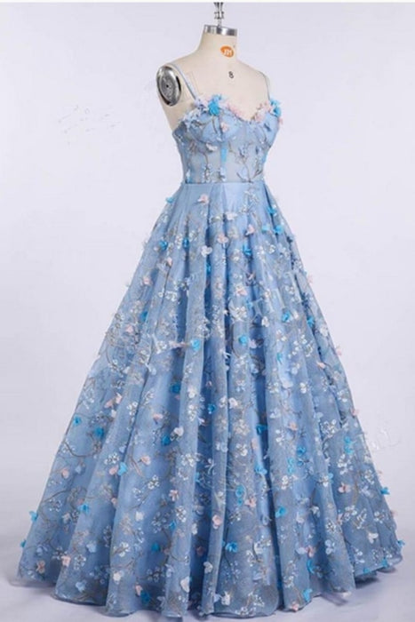 Blue Lace Spaghetti Strap 3D Flowers Applique Prom Dress Ball Gowns - Prom Dresses
