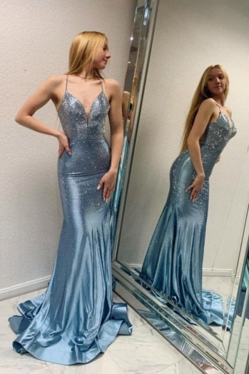 Blue Long Mermaid Evening Dresses with Glitter Criss-cross Straps Prom Dresses - Prom Dresses