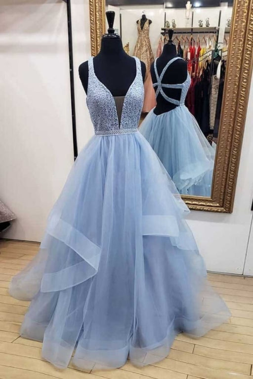 Blue Long Prom Deep V Neck Tulle Party Dresses Floor Length Sleeveless Dress - Prom Dresses