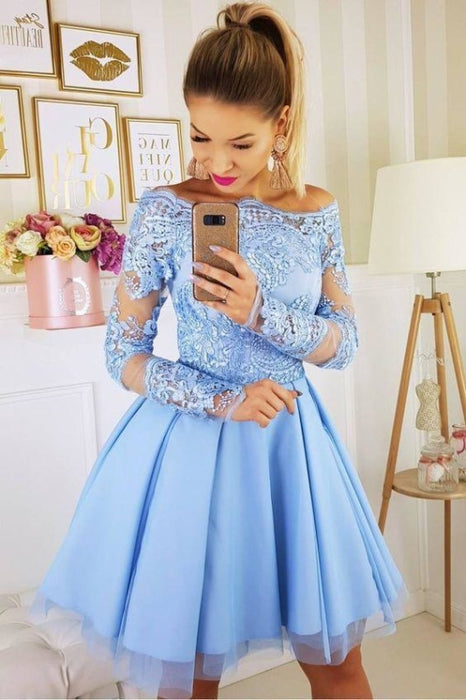 Blue Off the Shoulder Lace Appliqued Tulle Homecoming Dress with Long Sleeves - Prom Dresses
