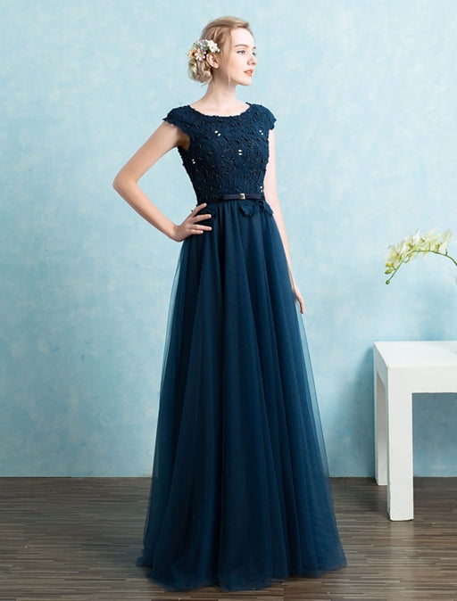 Blue Prom Dress 2021 Long Tulle Beading Evening Dresses Dark Navy Backless Floor Length Party Dresses wedding guest dress