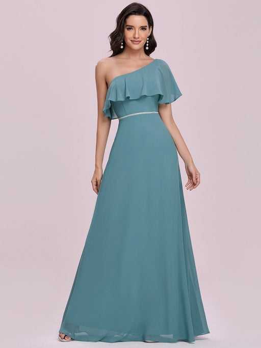 Blue Prom Dress A-Line One Shoulder Sleeveless Backless Ruffles Chiffon Evening Dresses