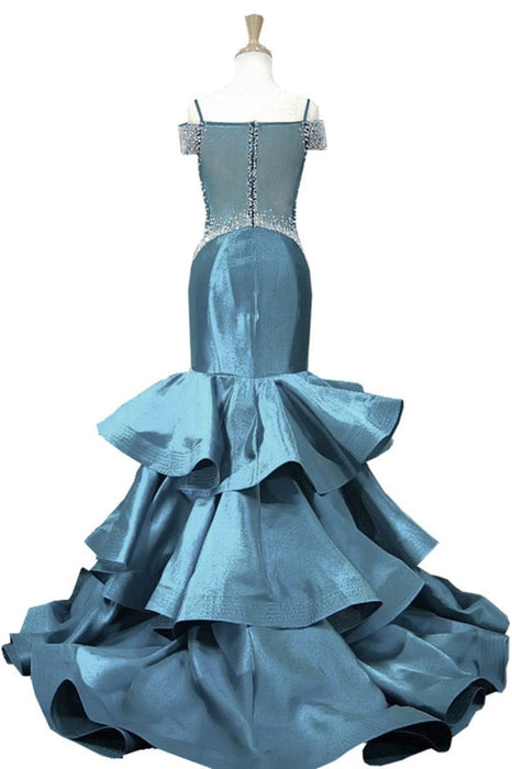 Blue Satin V Neck Spaghetti Long Layered Mermaid Prom Dress - Prom Dresses