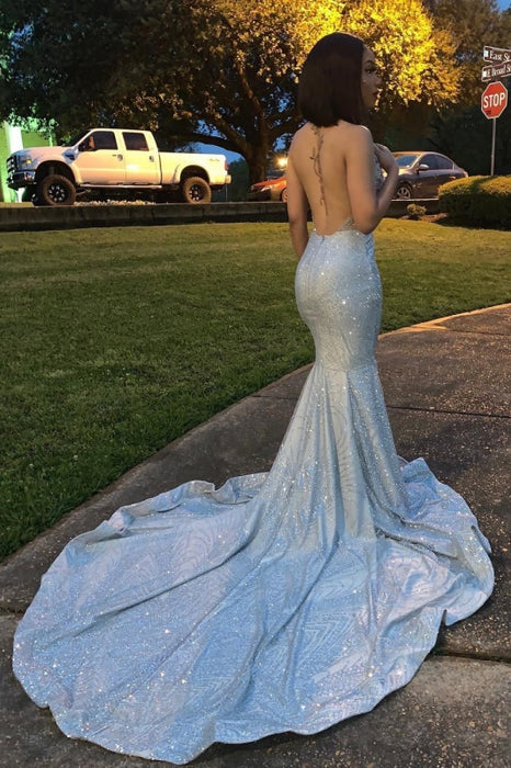 Blue Sequins Backless Long Mermaid Crystal Beaded Prom Dress - Prom Dresses