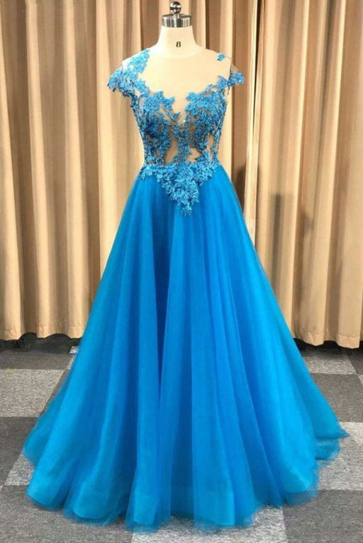 Blue Sheer Neck Appliqued Tulle Prom Gowns A Line Cap Sleeves Long Grduation Dresses - Prom Dresses