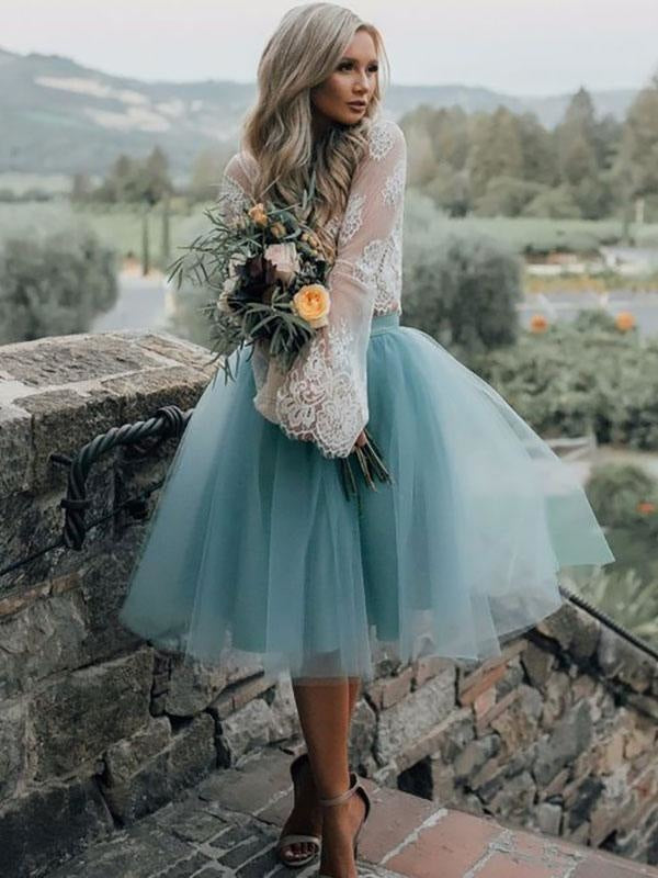 Blue Simple Wedding Dress A Line Designed Neckline Lace Tulle Bridal Gowns
