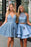 Blue Sleeveless Short Graduation Dresses Two Piece Satin Homecoming Dress with Lace - Prom Dresses