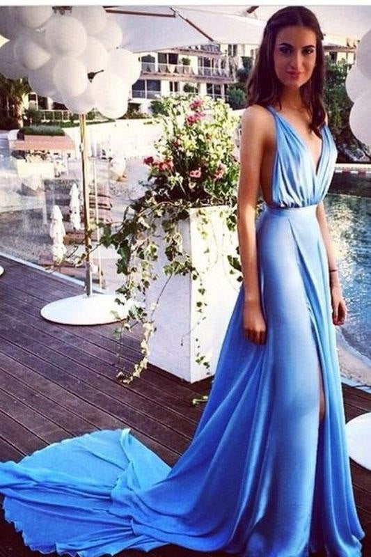 Blue Sleeveless V Neck Long Prom Dress Split Court Train Evening Dresses - Prom Dresses