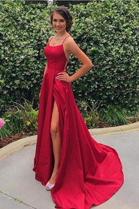 Blue Spaghetti Strap Satin Prom Dress with High Slit - Bridelily Blue Spaghetti Strap Satin Prom Dress with High Slit - Bridelily