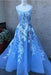 Blue Spaghetti Straps Prom with Lace Appliques A Line Sexy Long Graduation Dress - Prom Dresses