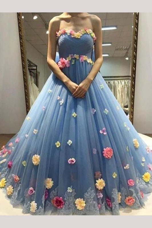 Blue Sweetheart Ball Gown Tulle Prom with Flowers Floor Length Quinceanera Dress - Prom Dresses