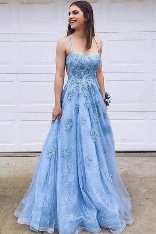 Blue Tulle Spaghetti Straps Long Prom Evening Dress With Lace Applique - Prom Dresses