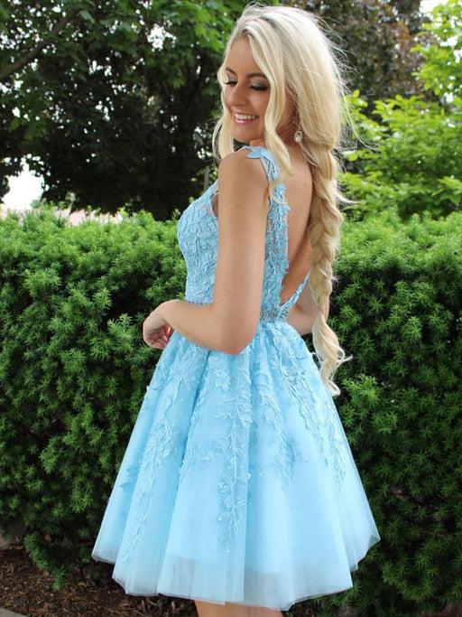 Blue V Neck Lace Appliques Homecoming Dresses Short Prom Dresses, Lace Blue Graduation Dresses, Formal Dresses, Evening Dresses