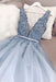 Blue V Neck Tulle Beading Prom Dress Gorgeous Backless Long Evening Dresses - Prom Dresses