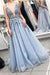 Blue V Neck Tulle Beading Prom Dress Gorgeous Backless Long Evening Dresses - Prom Dresses