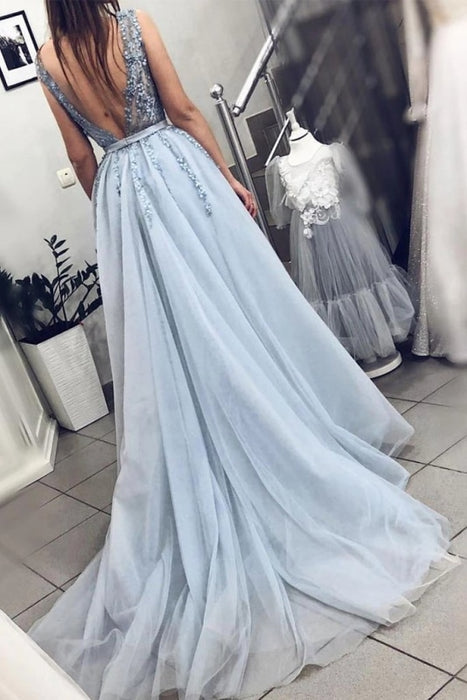 Blue V Neck Tulle Beading Prom Dress Gorgeous Backless Long Evening Dresses - Prom Dresses