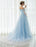 Blue Wedding Dress Lace Flower Applique Off-the-shoulder Tulle Cape Chaple Train A-line Bridal Gown