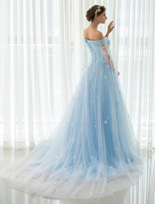 Lace Flower Applique Tulle Chaple Train A-line Bridal Dress-Bridelily Lace Flower Applique Tulle Chaple Train A-line Bridal Dress-Bridelily