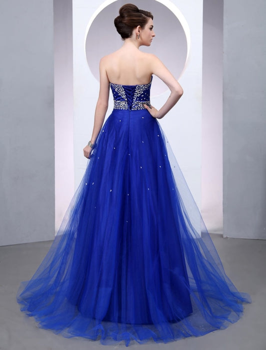 Blue Wedding Dress Tulle Backless Strapless Sweetheart Neckline Train Bridal Gown