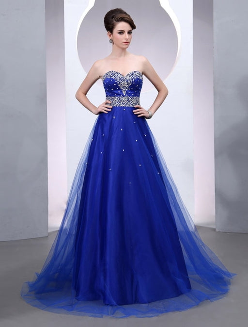 Blue Wedding Dress Tulle Backless Strapless Sweetheart Neckline Train Bridal Gown