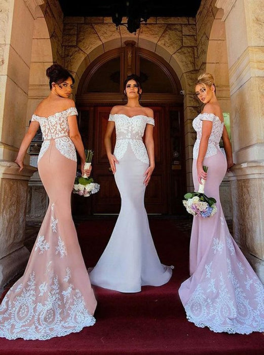 Blush Mermaid Off-the-Shoulder Sweep Train Stretch Long Bridesmaid Dress with Lace - Prom Dresses