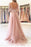 Blush Pink A-line Bateau Split Backless Lace Appliques Tulle Long Prom Dresses with Sleeves - Prom Dresses