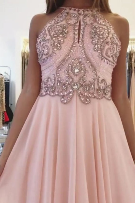 Blush Pink Chiffon Prom with Beading Rhinstone Flowy Backless Graduation Dress - Prom Dresses
