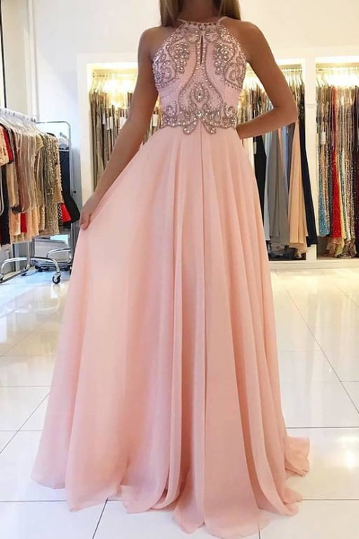Blush Pink Chiffon Prom with Beading Rhinstone Flowy Backless Graduation Dress - Prom Dresses