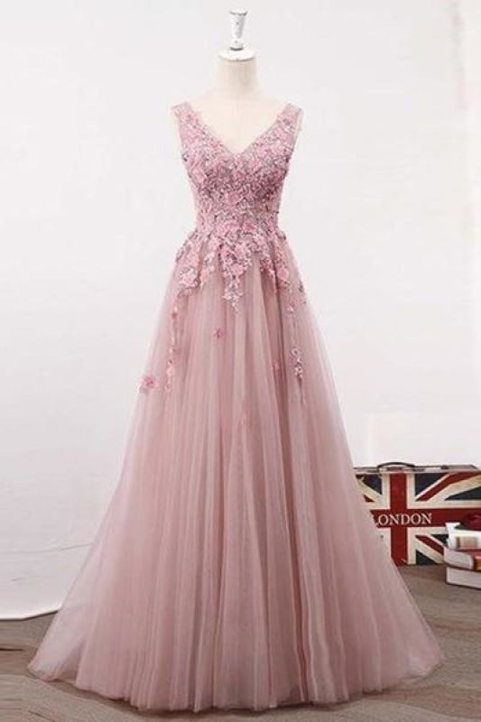Blush Pink Elegant V Neck Tulle Prom Dresses A Line Appliques Evening dresses with Flowers - Prom Dresses