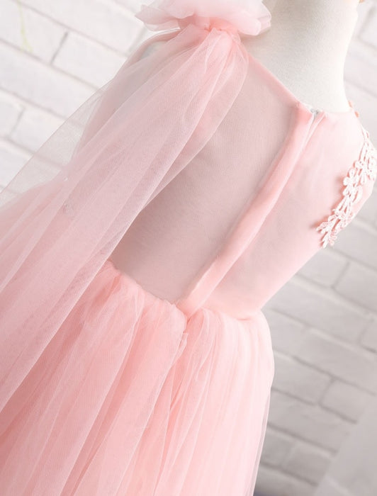 Blush Pink Flower Girl Dress Tulle Lace Applique Princess Knee Length Chain Sash Toddler's Pageant Dress With Side Draping