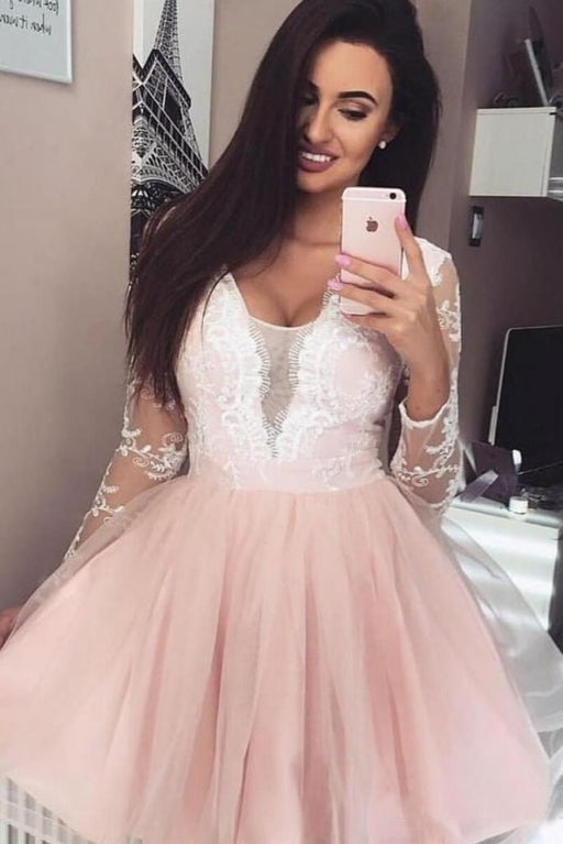 Blush Pink Prom Dresses Lace Tulle Long Sleeve Short Homecoming Dress - Prom Dresses