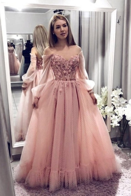 Blush Pink Prom Dresses With Long Sleeves A Line Elegant Evening Dress with Applique - Prom Dresses