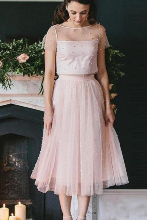 Blush Pink Two Piece Bridesmaid Dresses Beaded Formal Gowns Evening Dress - Bridesmaid Dresses