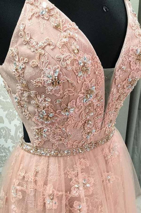 Blush V Neck Dress Rhinestone Long Prom Dresses with Appliques - Prom Dresses