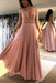 Blush V Neck Sleeveless Floor Length Prom Dresses Sparkly Chiffon Long Formal Dress - Prom Dresses