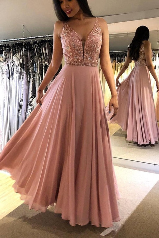 Blush V Neck Sleeveless Floor Length Prom Dresses Sparkly Chiffon Long Formal Dress - Prom Dresses