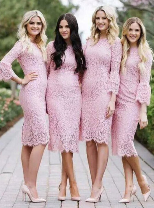 Bodycon Round Neck Knee Length Pink Lace Bridesmaid Dress - Bridesmaid Dresses