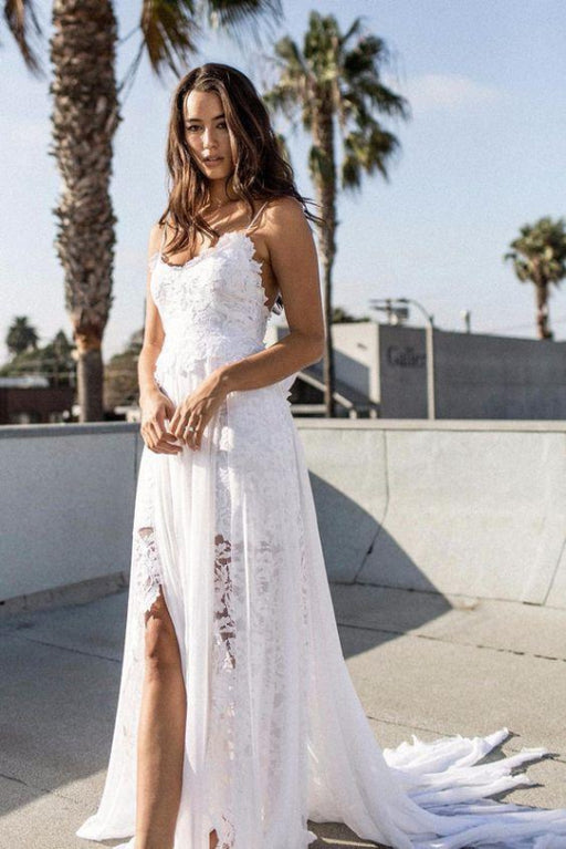 Bohemian Cheap Spaghetti Straps Long Beach Wedding Dress - Wedding Dresses