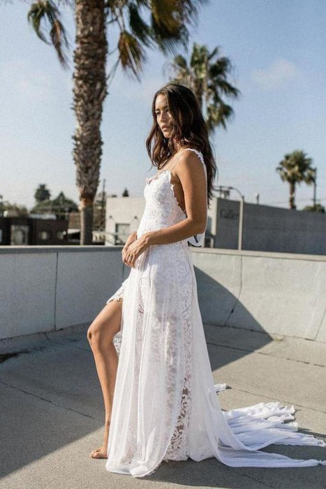 Bohemian Cheap Spaghetti Straps Long Beach Wedding Dress - Wedding Dresses