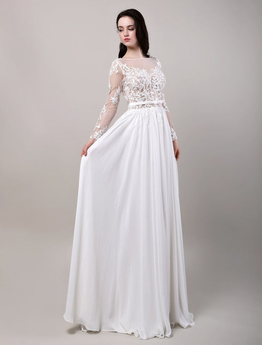 Boho Beach Sheer Lace Chiffon Tulle Long Sleeves Deep V Back Backless Bridal Gown