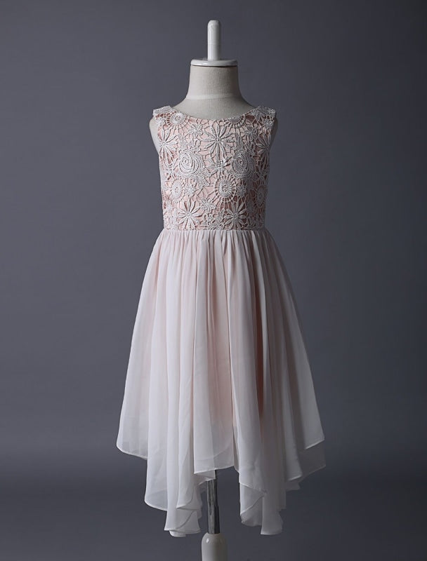 Blush Pink Flower Girl Boho Dress Tea Length Lace Chiffon Irregular Design Kids Party Dresses