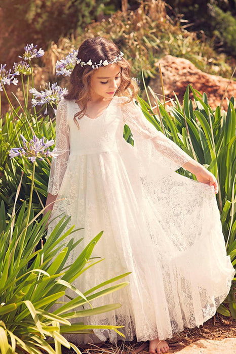 Boho Flower Girl Dress Long Sleeves Lace Briddesmaid Dress for Girls Bridelily Boho Flower Girl Dress Long Sleeves Lace Briddesmaid Dress for Girls Bridelily