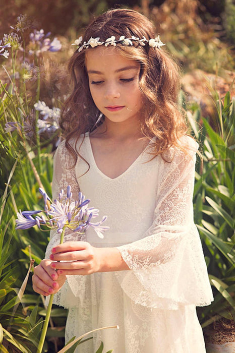 Boho Flower Girl Dress Long Sleeves Lace Briddesmaid Dress for Girls Bridelily Boho Flower Girl Dress Long Sleeves Lace Briddesmaid Dress for Girls Bridelily