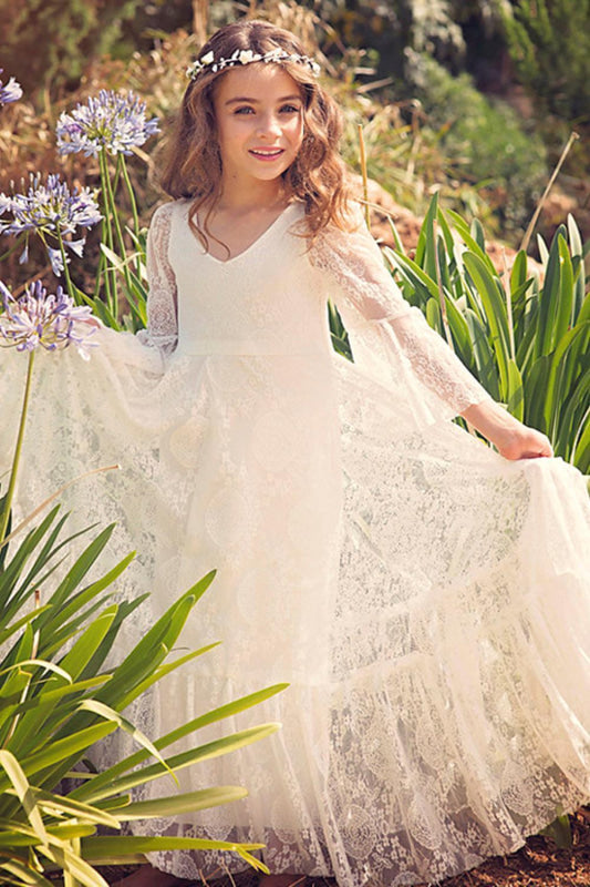 Boho Flower Girl Dress Long Sleeves Lace Briddesmaid Dress for Girls Bridelily Boho Flower Girl Dress Long Sleeves Lace Briddesmaid Dress for Girls Bridelily
