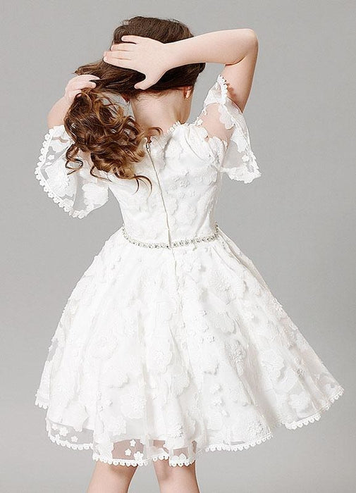 Lace Flower Girl Dress Boho Princess Ivory A-line Illusion Bell Sleeve Knee Length Pageant Dress With Jeweled Sash